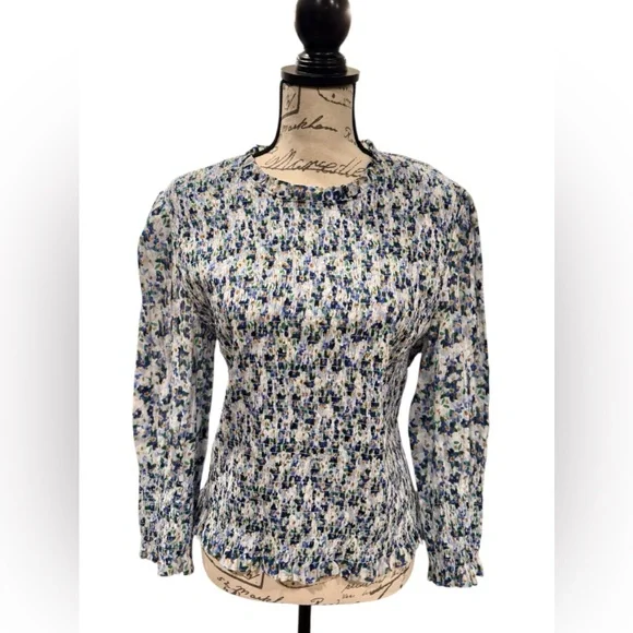 Veronica Beard Kali Smocked Blue and White Floral Blouse Women’s Size 14 - Picture 3 of 14